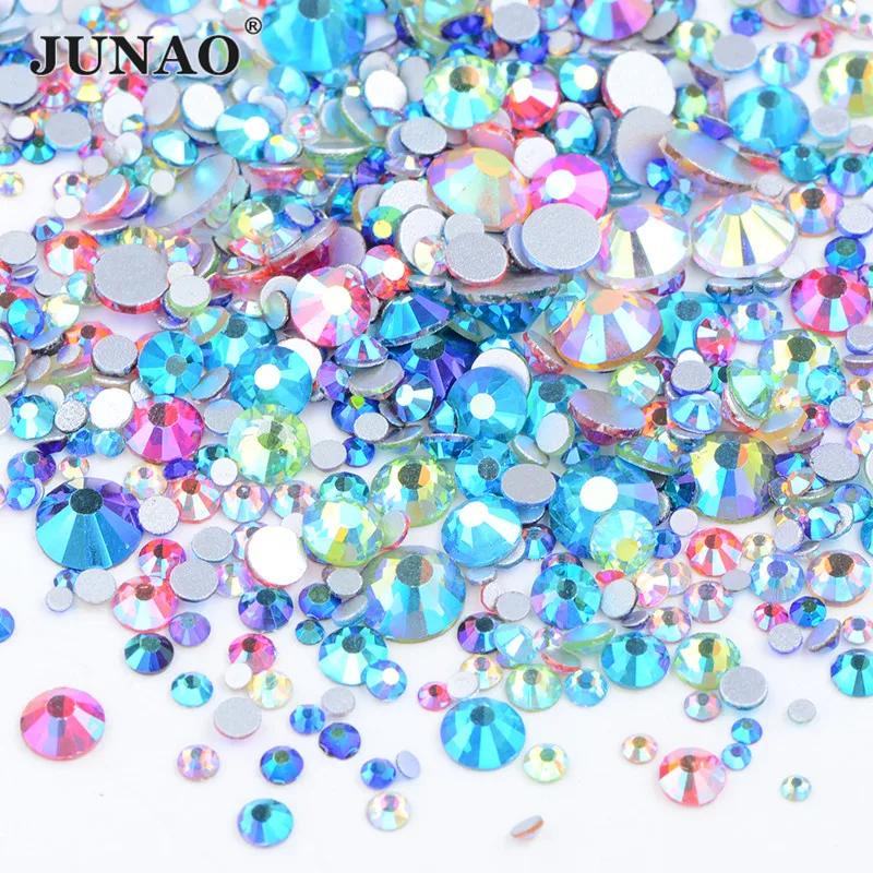 

JUNAO 1400pcs Mix Size Mix AB Color Glass Crystal Rhinestones Applique Flatback Round Nails Stones For DIY Clothes Decoration