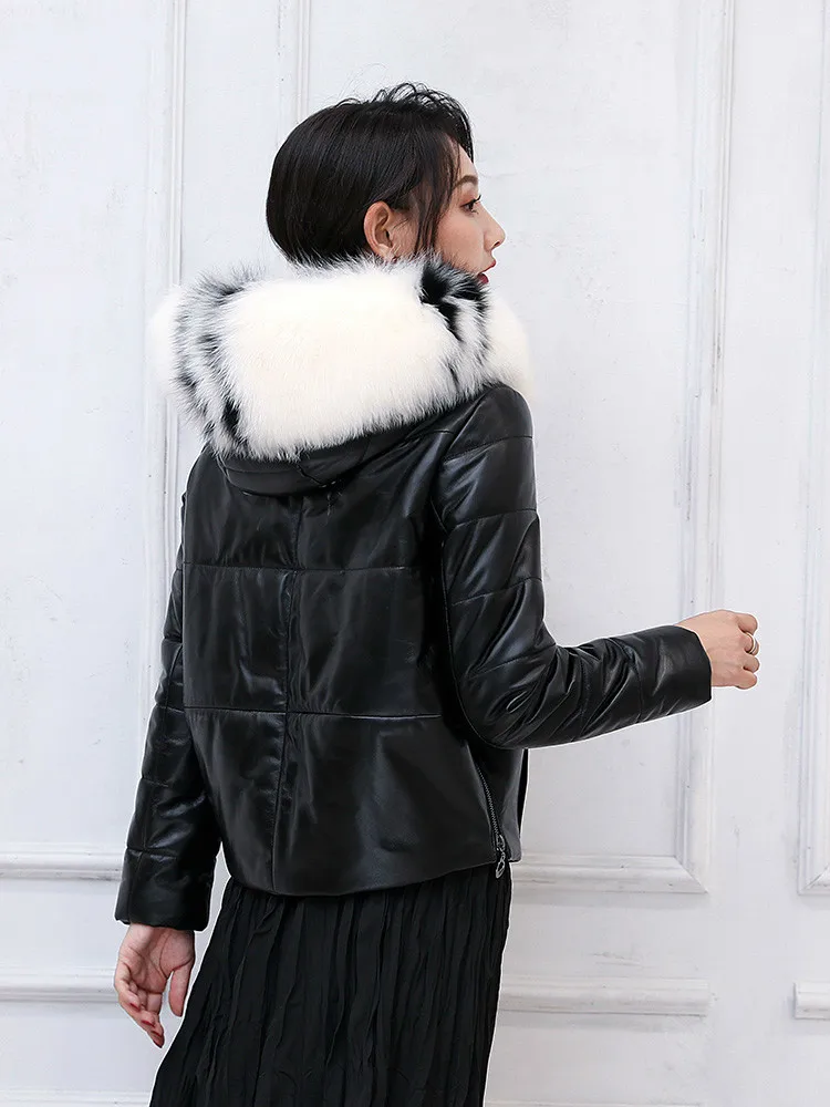 100% Real Sheepskin Coat Female Winter Natural Fox Fur Hooded Duck Down Jacket Women Genuine Leather Down Coat Hiver 1921