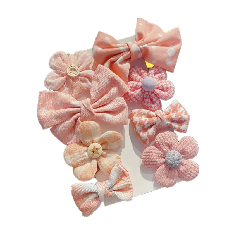 8pcs/Set Children Cute Cotton Bows Ornament Hairpins Baby Girls Colors Hair Clips Sweet Flower Plaid Headdress Kids  Accessories