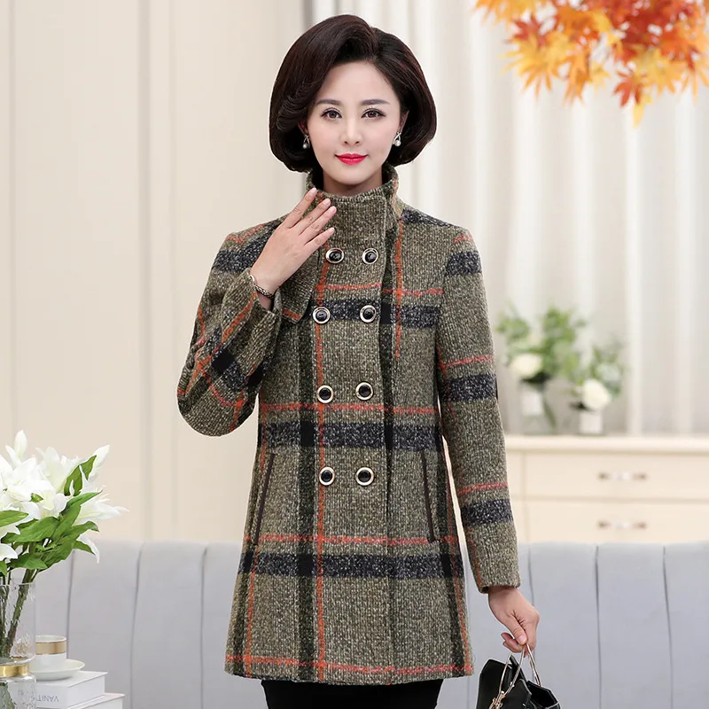 Women\'s Woolen Coat Winter Add Cotton Warm Windbreaker Jacket Temperament Mother Clothing Plaid Wool Coat 5XL W1705