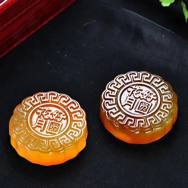 Natural Carnelian Hand-carved Mid-autumn Moon Cake Fashion Boutique Jewelry Red Agate Moon Cake Dragon and Phoenix Gift