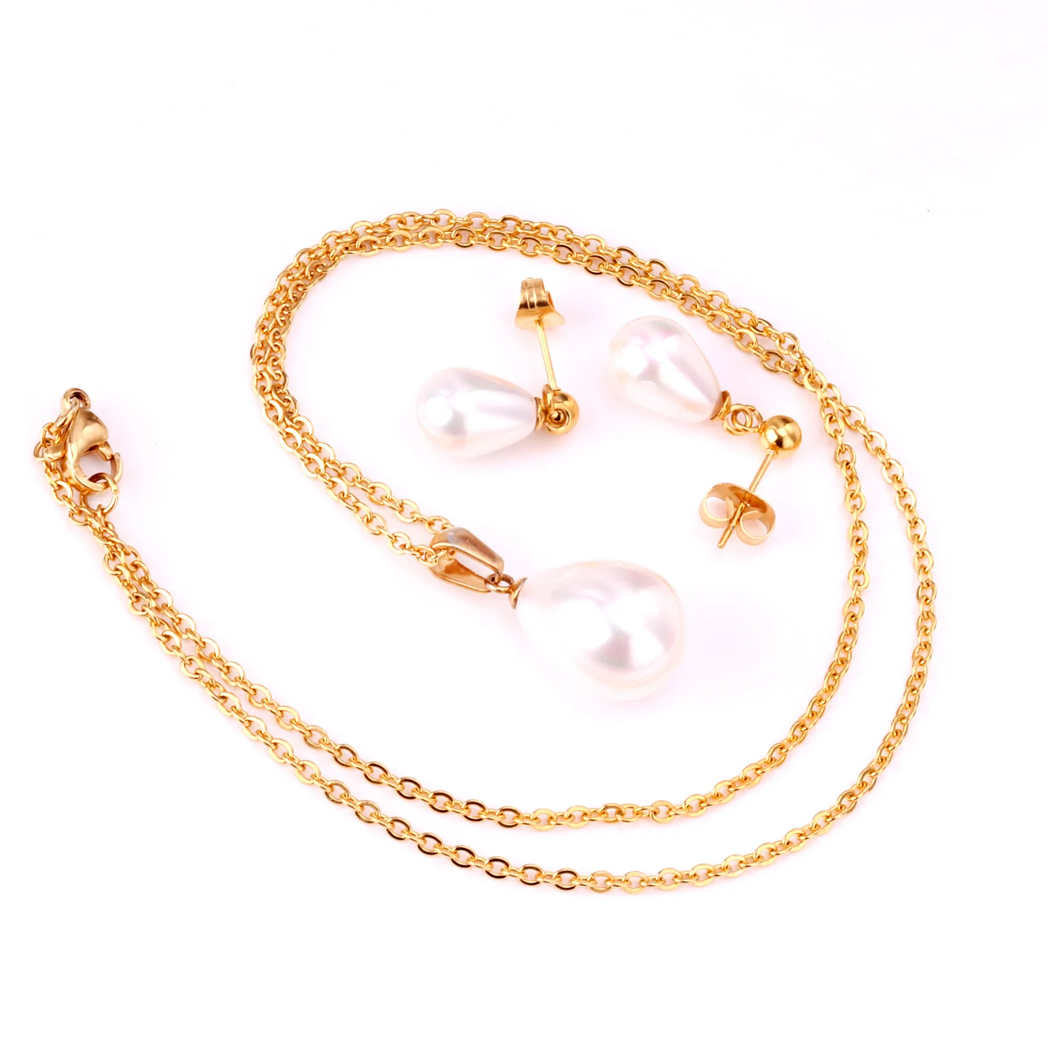 LUXUKISSKIDS Trendy Fake White Pearl collane a catena in acciaio inossidabile Set di orecchini per le donne Set di gioielli indiani parures bijoux