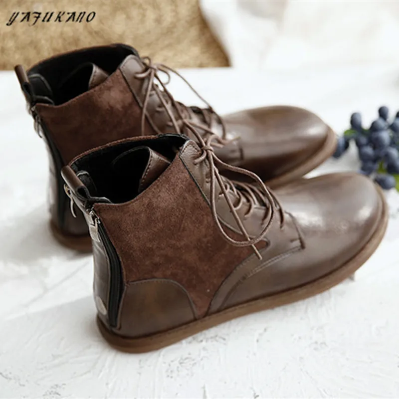 Literary Retro Women Boots Flat Heel Winter Warm Casual Short Boots Handmade Lace-Up Ankle Boots Mori Girl Simple Women Shoes