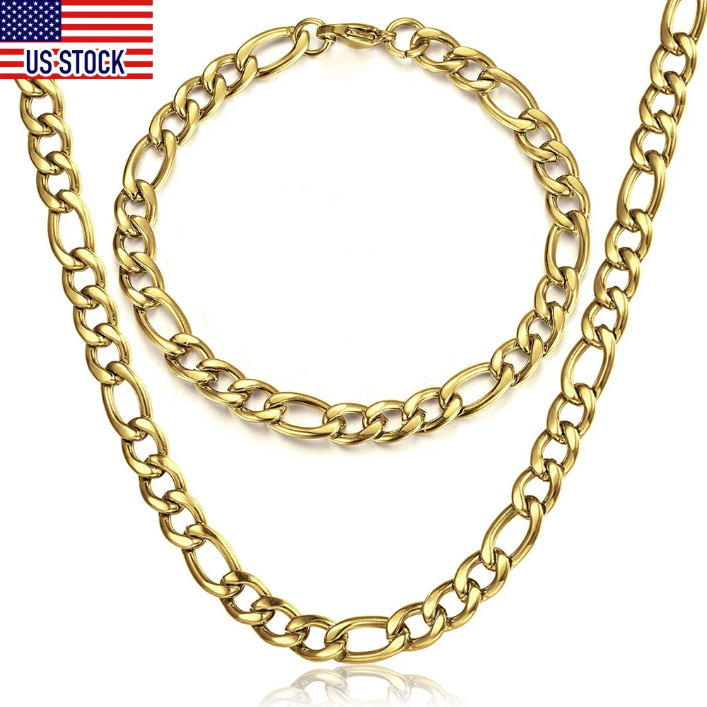 5/7/9mm Jewelry Set Necklace Bracelet for Men Women Gold Silver Color Stainless Steel Figaro Link Chain Choker Gifts DKS258