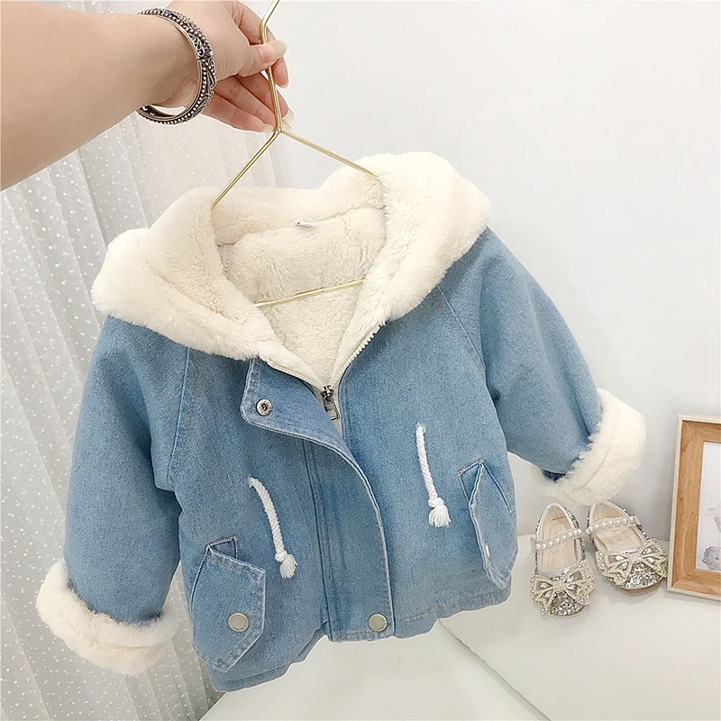 Autumn Winter Thick Warm Kid Denim Coat Baby Girls Cute Rabbit Ears Hooded Velvet Fur Jackets Outerwear Children Overcoat 2-6Y