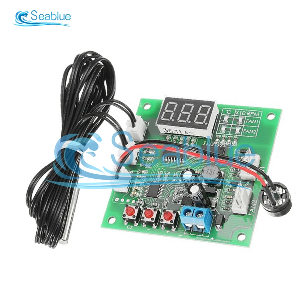 DC 12V 2 Channel 4 Wire Fan PWM Temperature Controller PC Fan Motor Speed Controller LED Digital Thermostat With NTC 10K Probe