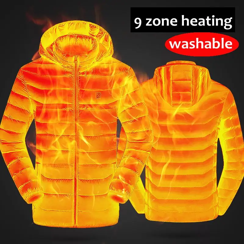 

Men 9 Place Heated Winter Warm Jackets USB Heating Padded Jackets Smart Thermostat Pure Color Hooded Heated Clothing Waterproof