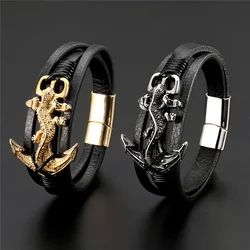 New Fashion Genuine Leather Bracelet Men Gecko Stainless Steel Anchor Bracelet Wristband Mother's Day Father's Day Gift Pulseira