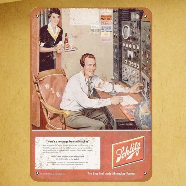 Vintage 1952 Schlitz Beer and Ham Radio Metal Sign Bar Wall Metal Poster