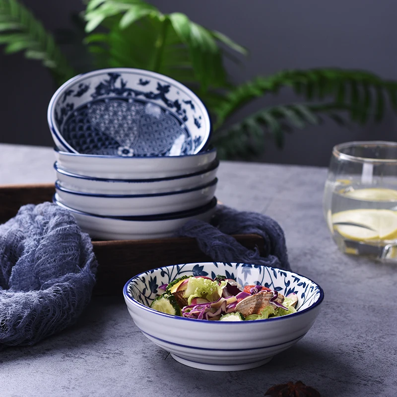 WHYOU-Japanese Ceramic Salad Rice Bowls, Japanese Classical Blue and White Kitchen Tableware, Household Restaurant Soup Noodle