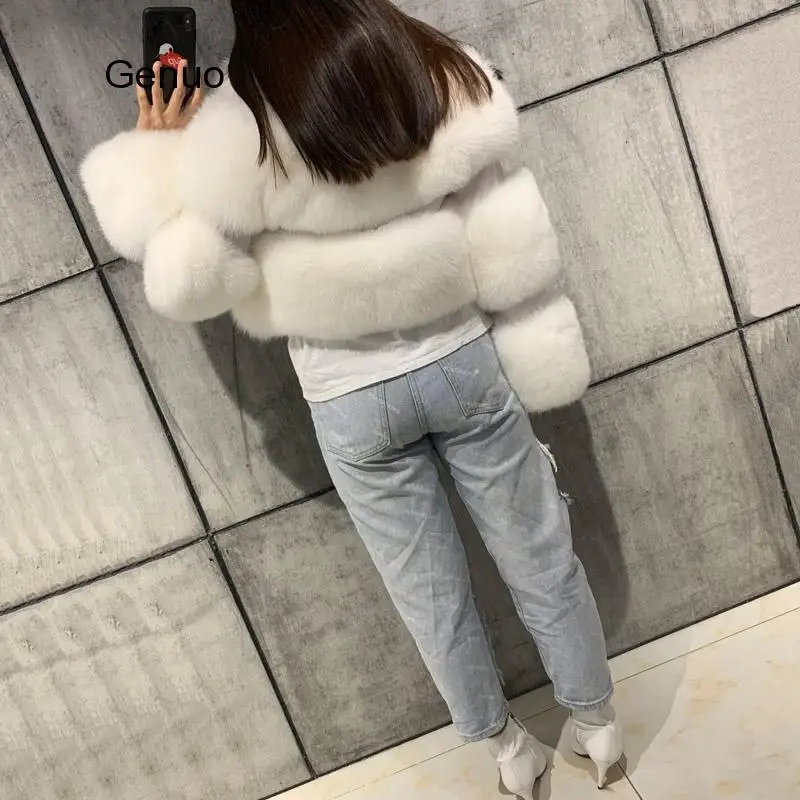 High Quality Furry Cropped Faux Fur and Leather Patchwork Jacket Women Faux Fur Short Coat Fake Fox Fur Outwear Winter Overcoat