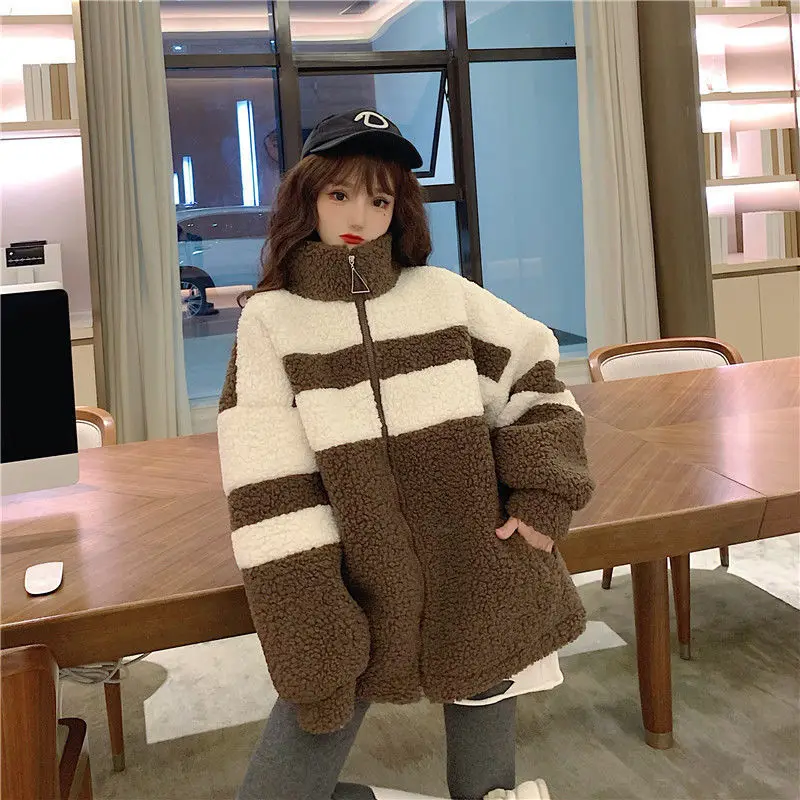 Lamb Wool Coat Women Winter Korean Version Of Thin Sweater Velvet Thickening Contrast Color Wild Lazy Style Fried Street To