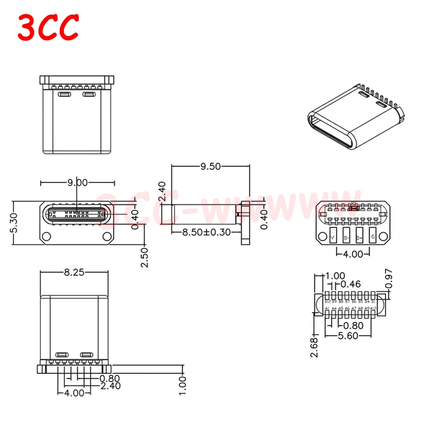 100 قطعة USB 3.1 نوع C ذكر عمودي التصحيح مجلس 16pin 4 أسلاك اللحام شريط البيانات PCB USB الشريط مجلس ذكر رئيس 16p USB C موصل