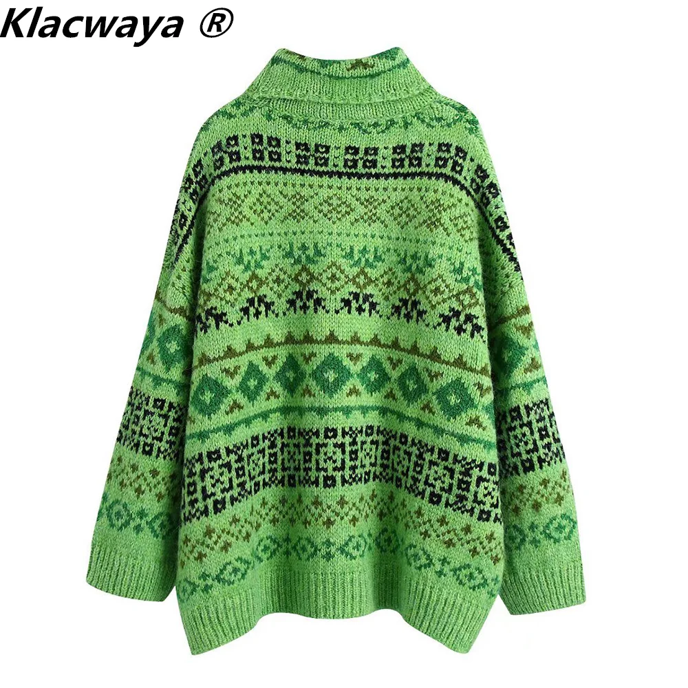 Klacwaya maglione dolcevita da donna Pullover abbigliamento invernale donna maglione a maniche lunghe verde Vintage maglione Oversize da donna