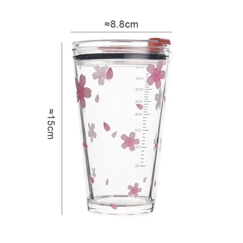 Cherry Blossom Travel Glass Coffee Mug Outdoor Heat-Resistant Scale Teacup With Non-Slip Cover Transparent Milk Breakfast Cup