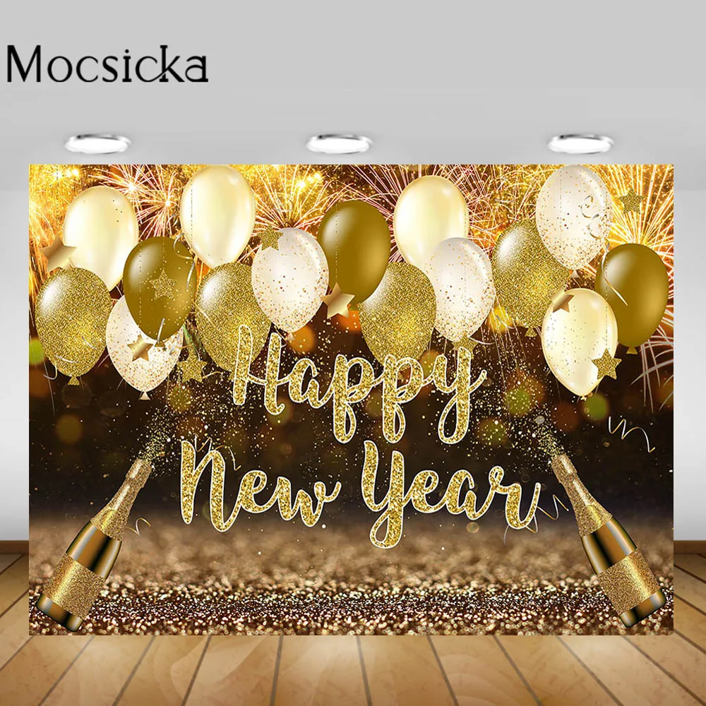 

Mocsicka Glitter Happy New Year Backdrop Golden Balloon Champagne Fireworks Background for Photography Photo Studio Banner Props