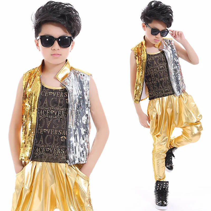 Jazz Costumes Children Gold Silver Sequin Vest Coat Boys Singer Clothes Stage Outfit Hip Hop Dance Performance Wear DNV12486