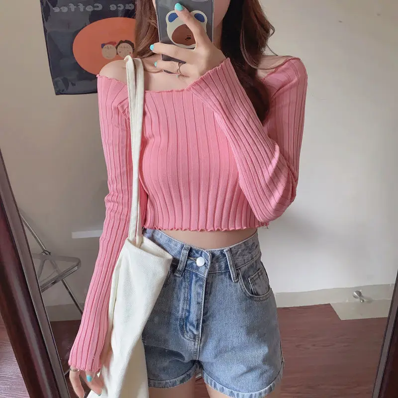 off-Shoulder Short Bare Midriff Slim Fit Knitted Women\'s Striped Top Woman Sweaters Femme Chandails Pull Hiver