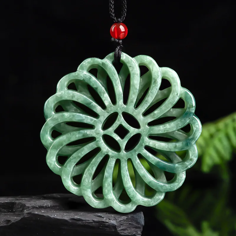 

Natural Jade Bean Green Hollow Lucky Pendant Charm Jewellery Women's Hand-Carved Sweater Chain for Women Men Fashion Accessories