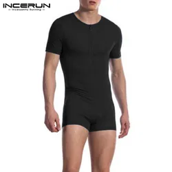 Incerun Mannen Pyjama Rompertjes Solid Korte Mouw V-hals Rits Fitness Leisure Homewear Speelpakjes Gezellige 2023 Jumpsuit Nachtkleding