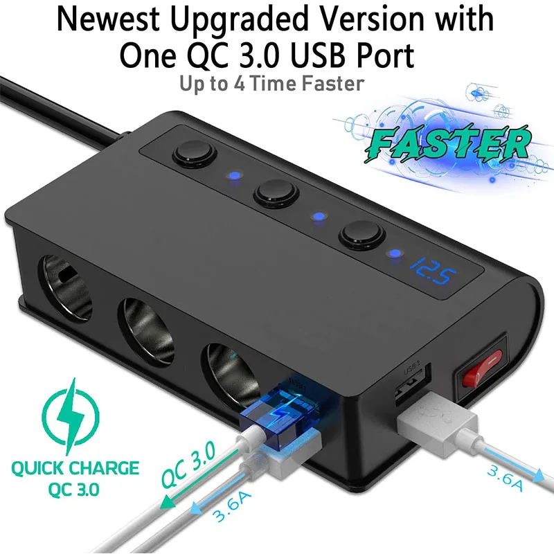 Quick Charge 3.0 Cigarette Lighter Splitter 12V/24V 3-Socket 180W ON-OFF DC Power Car Splitter with 4-Port USB Car Charger