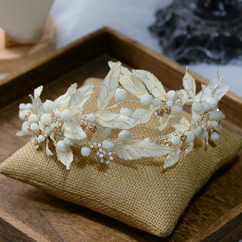 Handmade Flower & Pearls Brides Leaves Tiaras Crowns Headbands Bridal Hairbands Wedding Hair Accessory Prom Head Wear