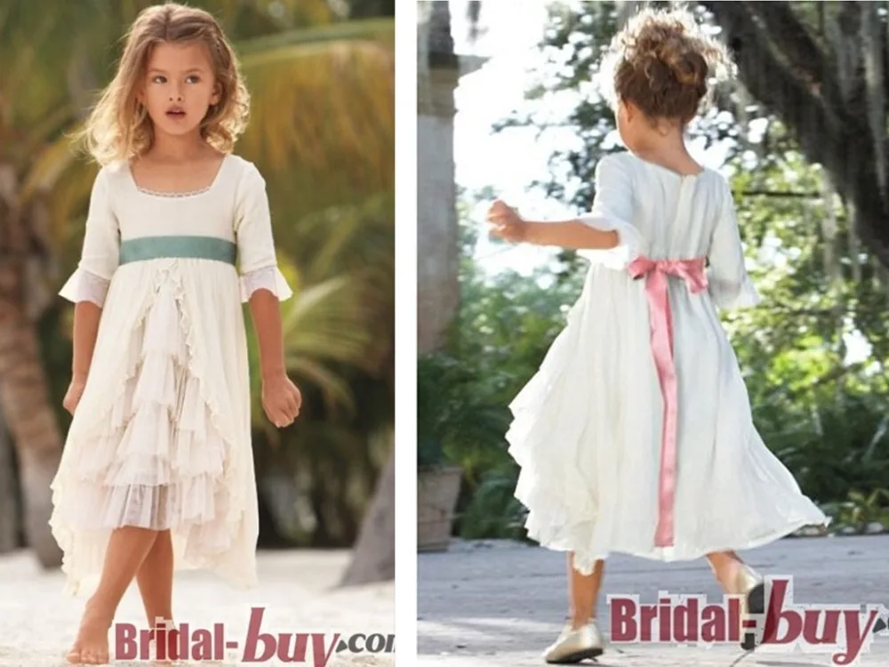 

first communion dresses for girls 2015 half sleeve bow sashes tea-length Flower Girl Dresses vestido de festa de casamento