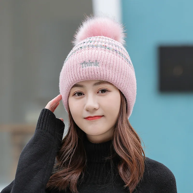 2020 New Fashion Women's Hat Knitted Stripped Wool Beanie Warm and Double Thick Winter Hat Big Pompoms Lovely letters Cap