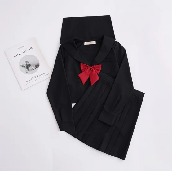 Japanese School Uniform Kansai Bad Black Suit for Students JK Kawaii Sailor Collar Bow High School Top Long Pleated Skirt Set