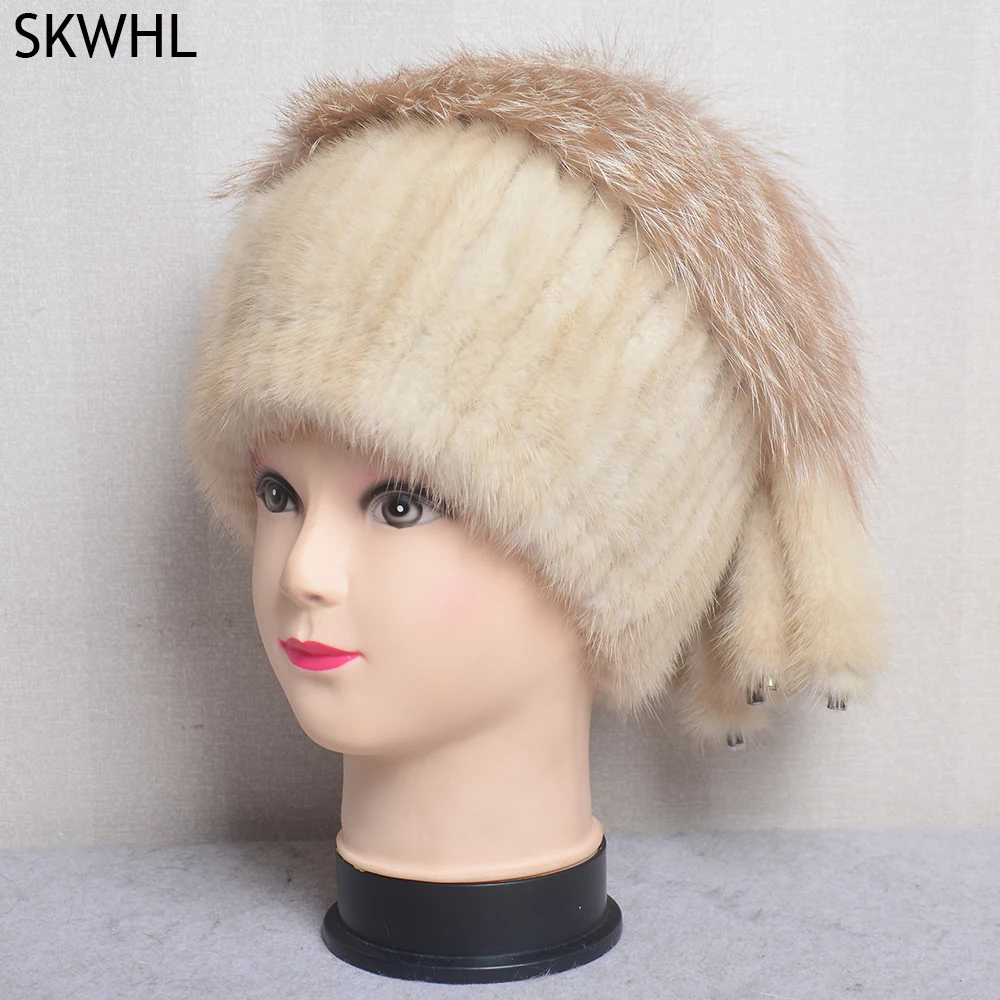 Luxury Women Winter Natural Mink Fur Hats Hand-sewn Warm Girl Real Fox Fur Cap Fashion Cute Fur Tail Female Ski Knitted Beanies