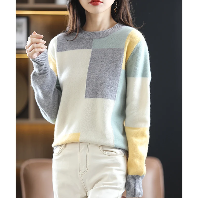 Trend Women's Clothing Autumn and Winter Pure Wool Sweater Ladies New Round Neck Pullover Color Matching Knitted Tops All-Match