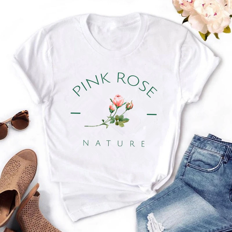 

Natural Pink Rose Print Women t-shirts Summer Tee Shirt Tops Camisetas Mujer Ladies Short Sleeve O-Neck 5 colors t shirt