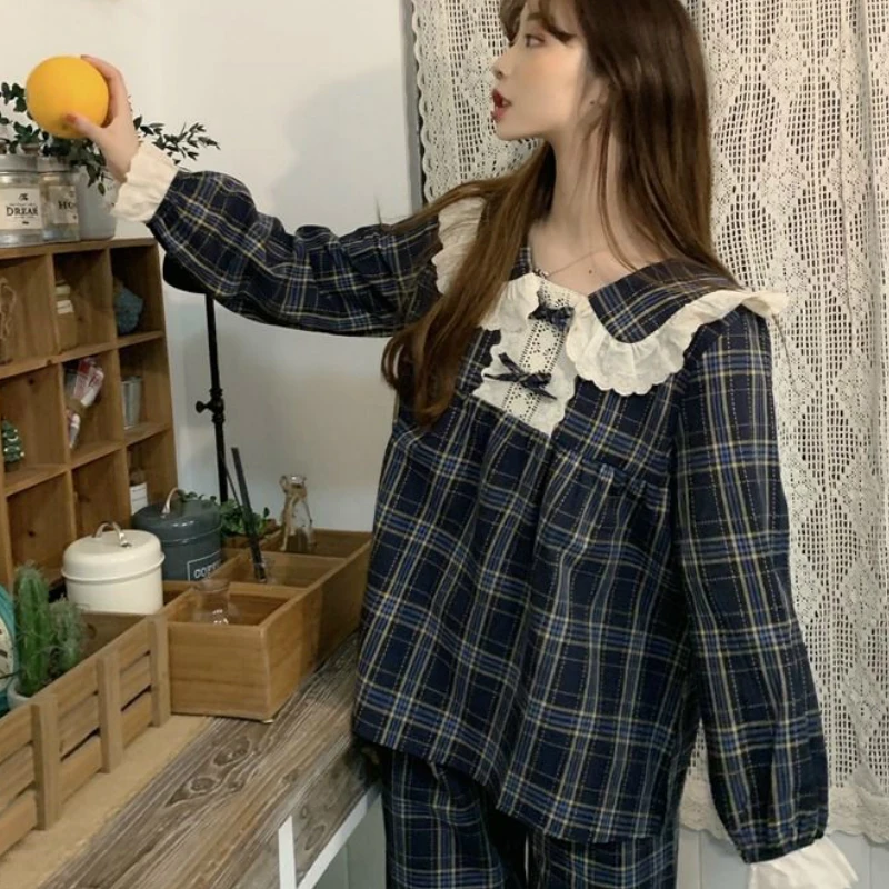 Pajama Sets Women Homewear Cotton Plaid Lace Bowknot Short Patchwork Kawaii Womens Cute Lolita Style 2 Piece 2020 Pajamas New