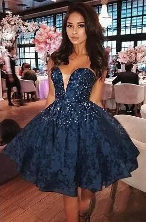 Little Dark Navy Lace Arabic Short Homecoming Dress  Sweetheart Sleeveless Holiday Club Party Cocktail Dress Custom Made