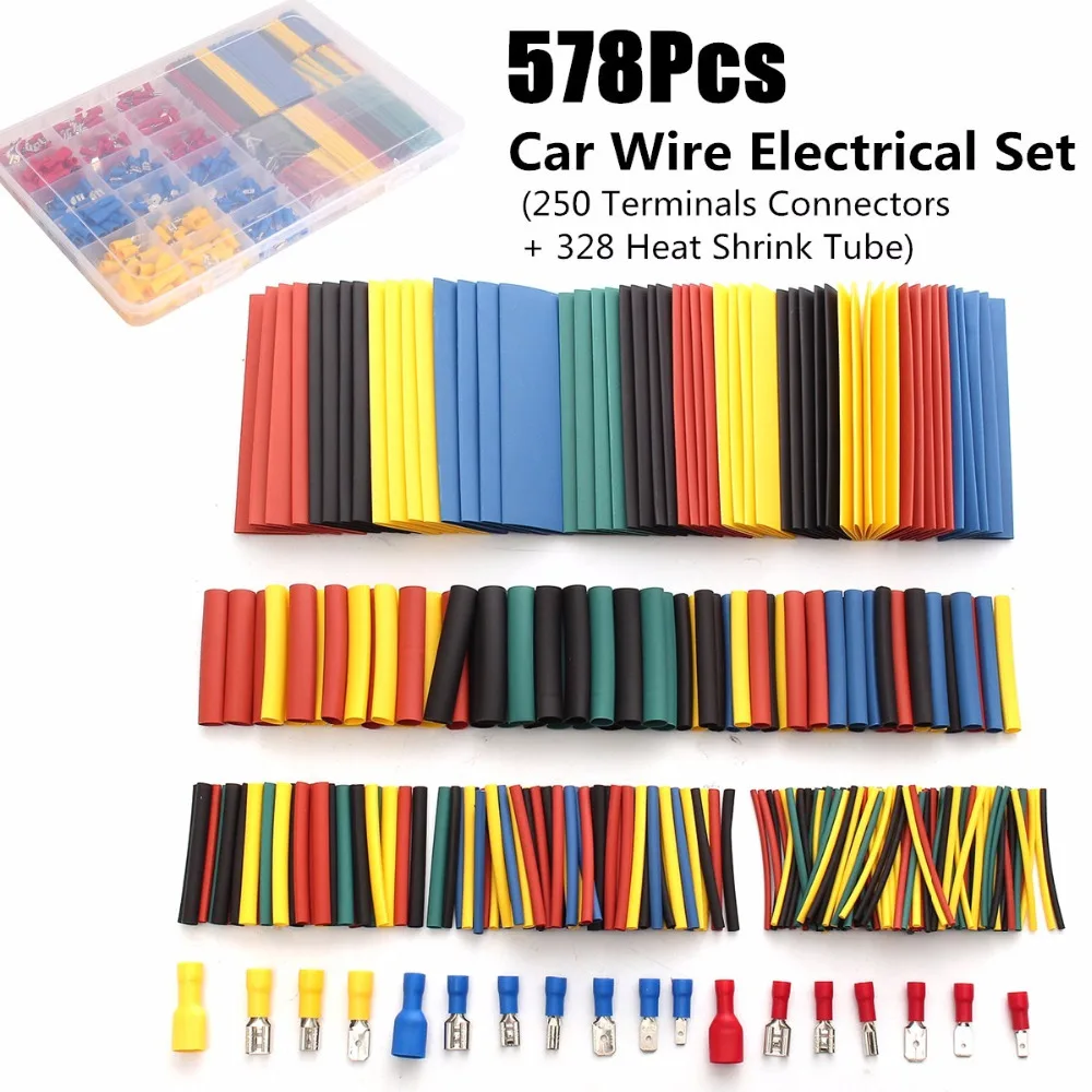 Car Wire Electrical Set 250pcs Terminal Connectors + 328pcs 2:1 Heat Shrink Tube RSFR Heatshrink Wire Wrap Cable Kit With Box