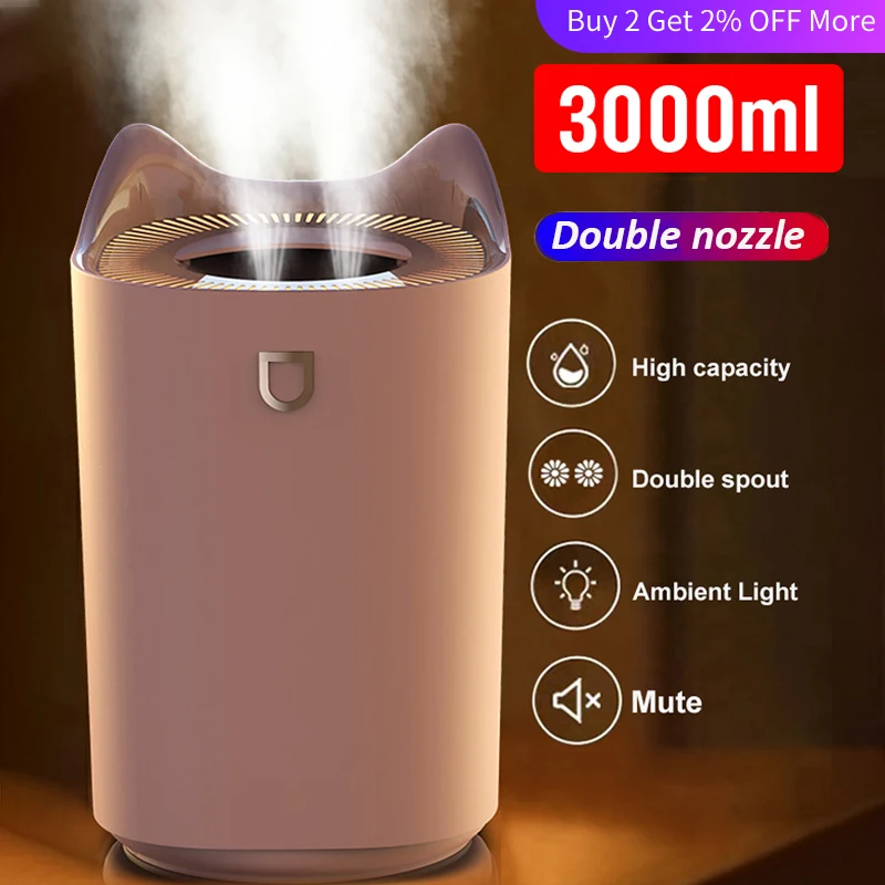 3L Air Humidifier Essential Oil Aroma Diffuser Double Nozzle With Coloful LED Light Ultrasonic Humidifiers Aromatherapy Diffuser