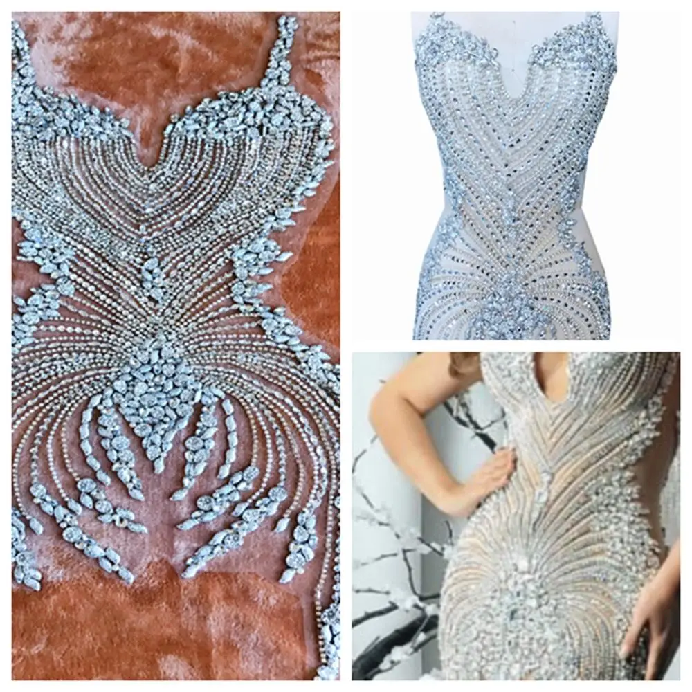 

hand made sew on bodice Rhinestones applique on mesh s crystals full body patches 86*40cm/75*35cm wedding dress accessory