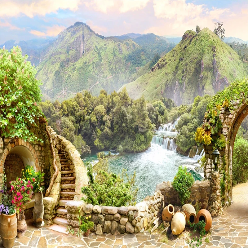 Custom 3D Photo Garden Balcony Mountain Waterfall Green Landscape Large Mural Wallpapers For Living Room Bedroom Wall Decoration