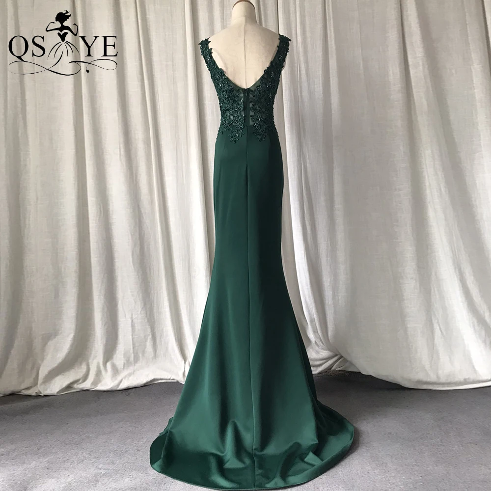 Vestido de fiesta de encaje verde esmeralda, cristales de cuentas, sirena, vestido de noche para mujer, apliques largos, vestido Formal con cuello en V, espalda abierta