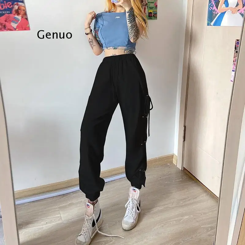 fashion casual high street Drawstring loose cotton pants women autumn new high waist sports style bandage Cross-pants