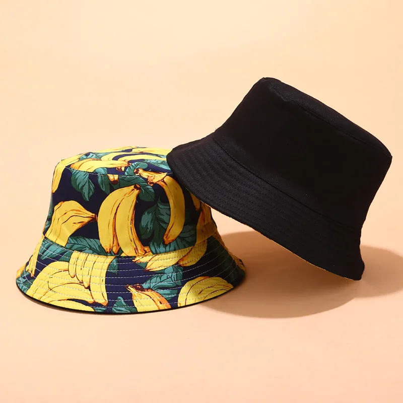 Panama Bucket Hats Women Men Reversible Fruit Banana Watermelon Cherry Print Fisherman Hat Casual Harajuku Hip Hop Bucket Cap