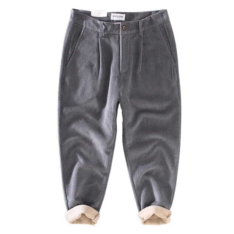 GA020 Winter Men Straight Corduroy Pants Thicken Keep Warm Imitate Lamb Fleece High Quality Daily Solid Color Simple Trousers