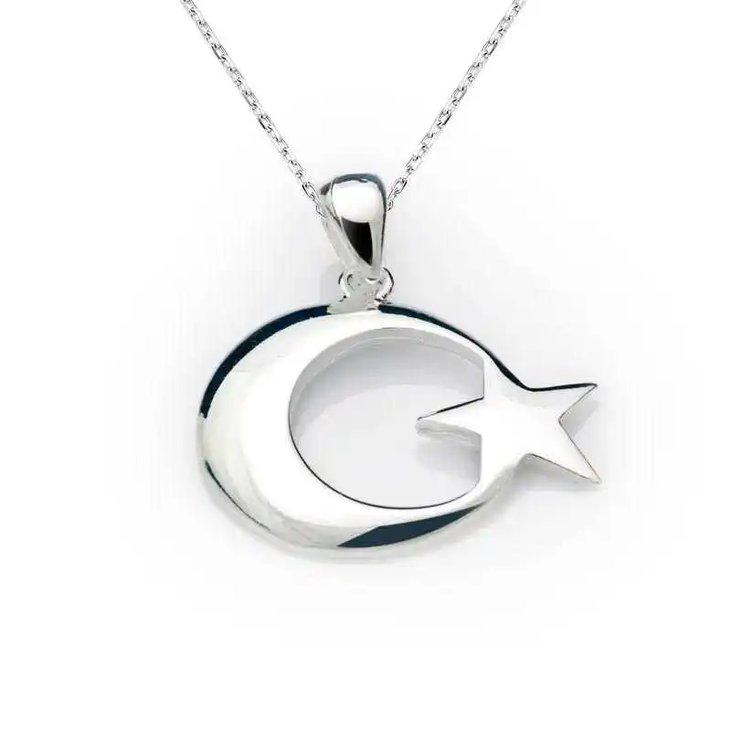 Silver Moon Star Flag Necklace 925 Sterling Women Fine Jewelry Wedding Party Birthday Gift - Box - Pendant - Chain Choker - Female - Ladies - Fashion