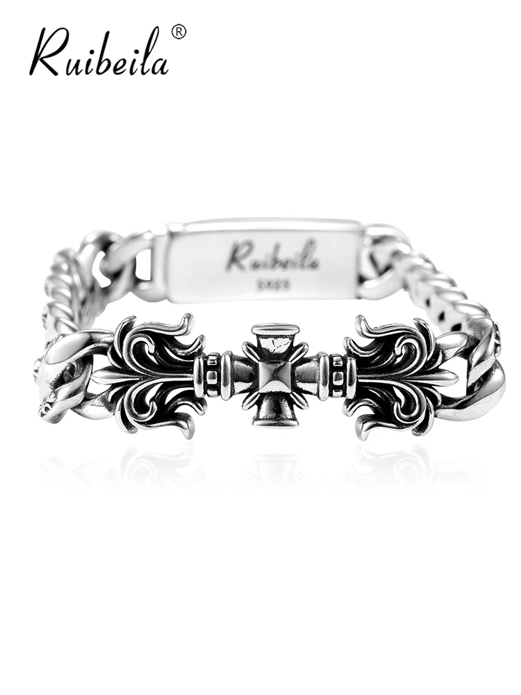 Ruibeila rétro boutons de manchette bracelet hommes 11 MM large et lourd croix 925 bracelet en argent punk mâle bijoux bracelet