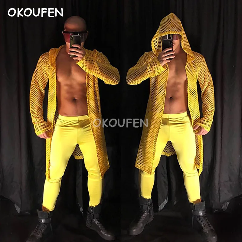 

Nightclub male singer bar dancer sexy yellow hollow long hip hop cape costume suit stage show DS wear