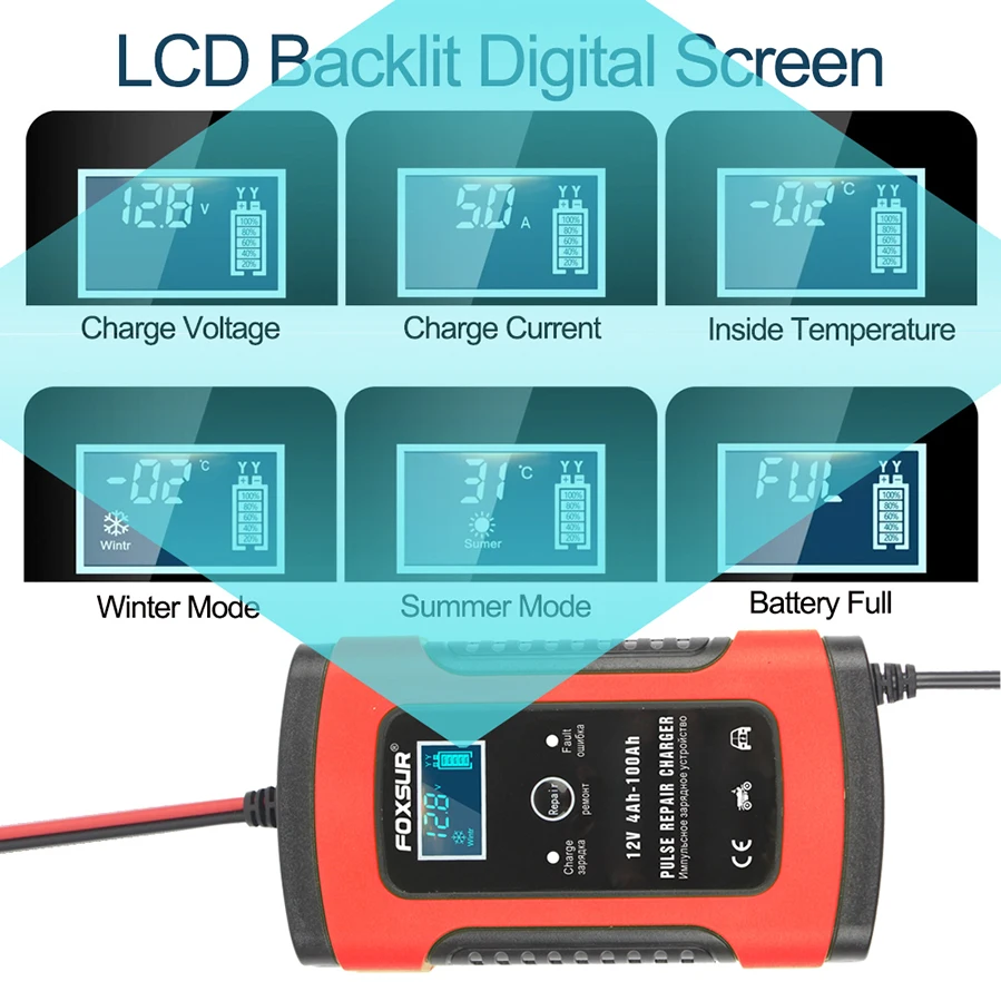 FOXSUR 12V 5A Multifunctional Battery Charger/Maintainer, Auto Pulse Desulfator for AGM Deep Cycle Gel EFB Lead Acid Batteries