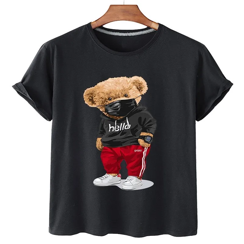 100% Cotton Sports Mask Bear Print Short Sleeve T-Shirt Women's Half Sleeve 2022 Summer Casual Fashion Ladies T-Shirt Shirt 4XL