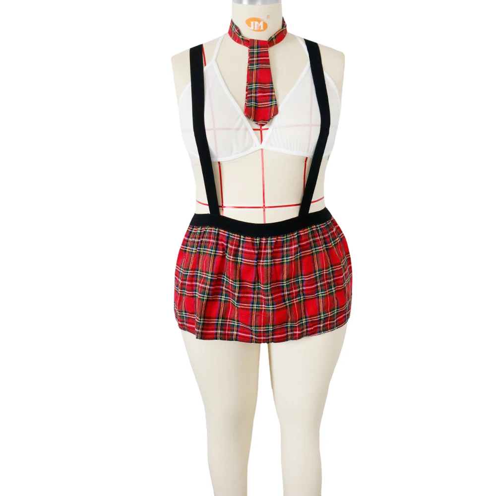 Disfraz de lencería Sexy para mujer, conjunto exótico de picardías, falda a cuadros, uniforme de colegiala, talla grande 5XL