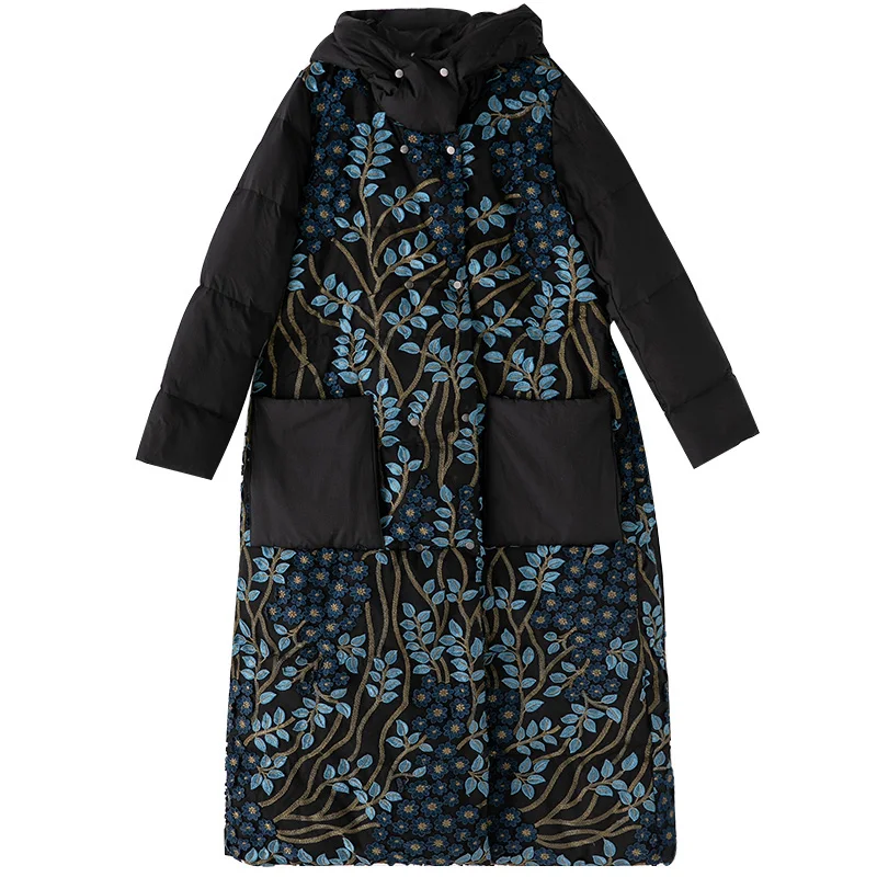 Winter Hooded Down Jacket Vintage Style Embroidery Women\'s Long Sleeve Double Breasted Long Down Coat L-XL