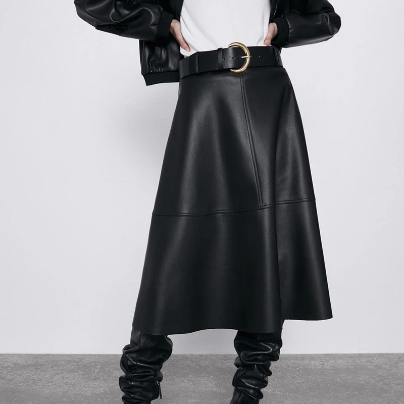 2021 New Women PU Faux Leather Long Skirt with Belt High Waist Vintage A-line Skirt Chic Mid-calf Umbrella Skirts Spring Autumn